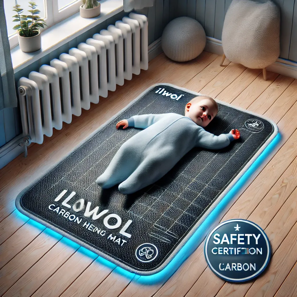 어린이 방에 배치된 안전 인증 표시가 있는 일월 에어로실버 카본 매트&amp;#44; 가족 친화적인 안전성을 강조