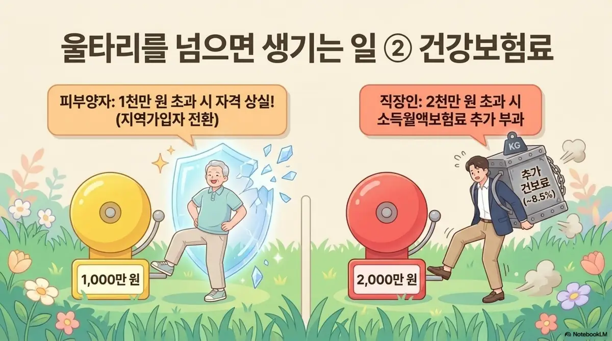 금융소득종합과세 기준: 금융소득이 울타리를 넘으면 건강보험료에 미치는 영향을 두 가지 경보 장면으로 나타낸 인포그래픽 이미지. 왼쪽에는 피부양자가 1천만 원 초과 시 자격을 상실하고 지역가입자로 전환되는 모습을 방패가 깨지는 일러스트로 보여주고 오른쪽에는 직장인이 2천만 원 초과 시 약 8.5%의 추가 건보료를 짊어지는 모습을 보여준다. 이 이미지는 금융소득종합과세가 건강보험료와 피부양자 자격에 미치는 이중 영향을 시각적으로 전달하며 블로그의 건강보험료 영향 설명과 관련된 내용을 설명함