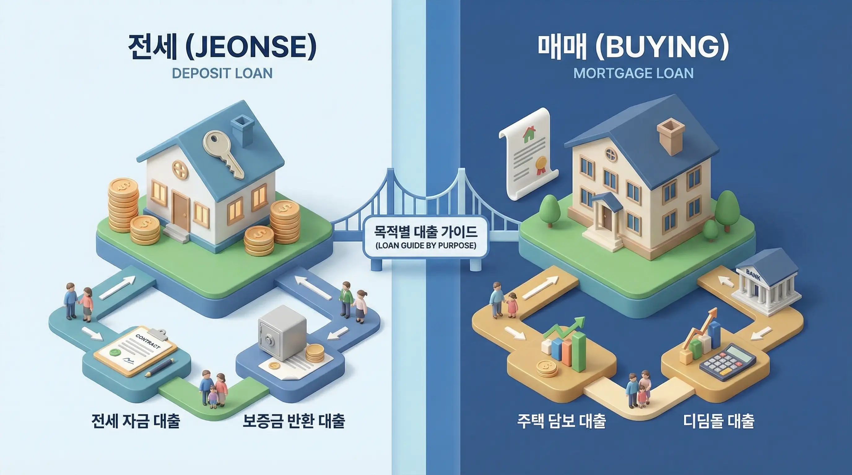 전세와 매매 목적에 따라 달라지는 대출 상품을 명확하게 구분해주는 3D 인포그래픽