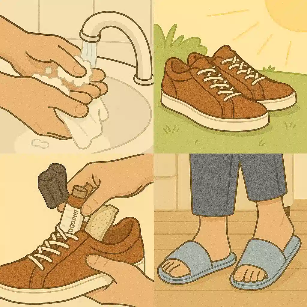 발을 꼼꼼하게 씻고 타월로 발가락 사이를 건조시키는 장면, 신발을 햇볕에 말리는 모습, 숯·습기 제거제·탈취제를 신발에 넣는 장면, 실내에서 슬리퍼 착용하는 장면