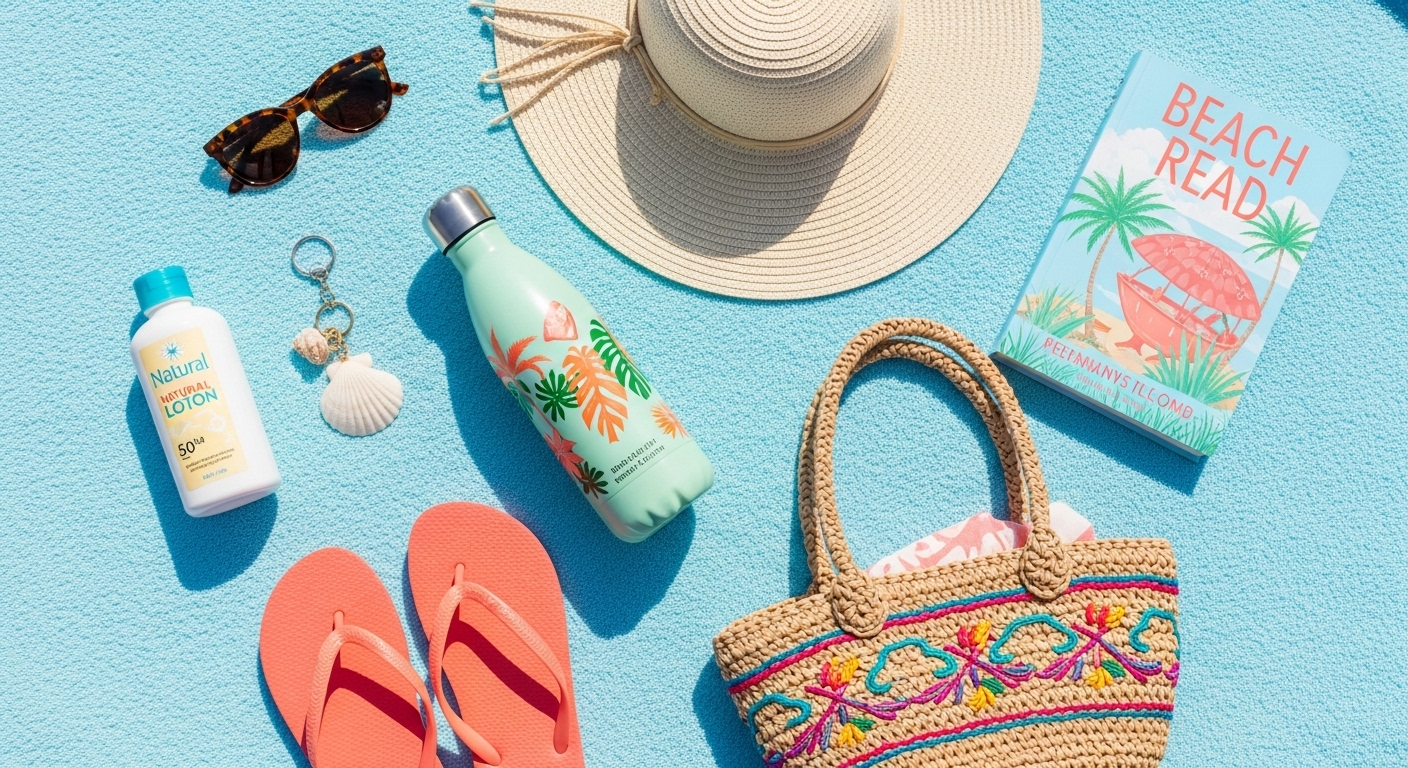 A flat lay photo of beautifully arranged beach trip essentials.