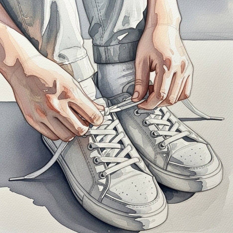 운동을 시작하기 위해 가볍게 신발을 신는 모습