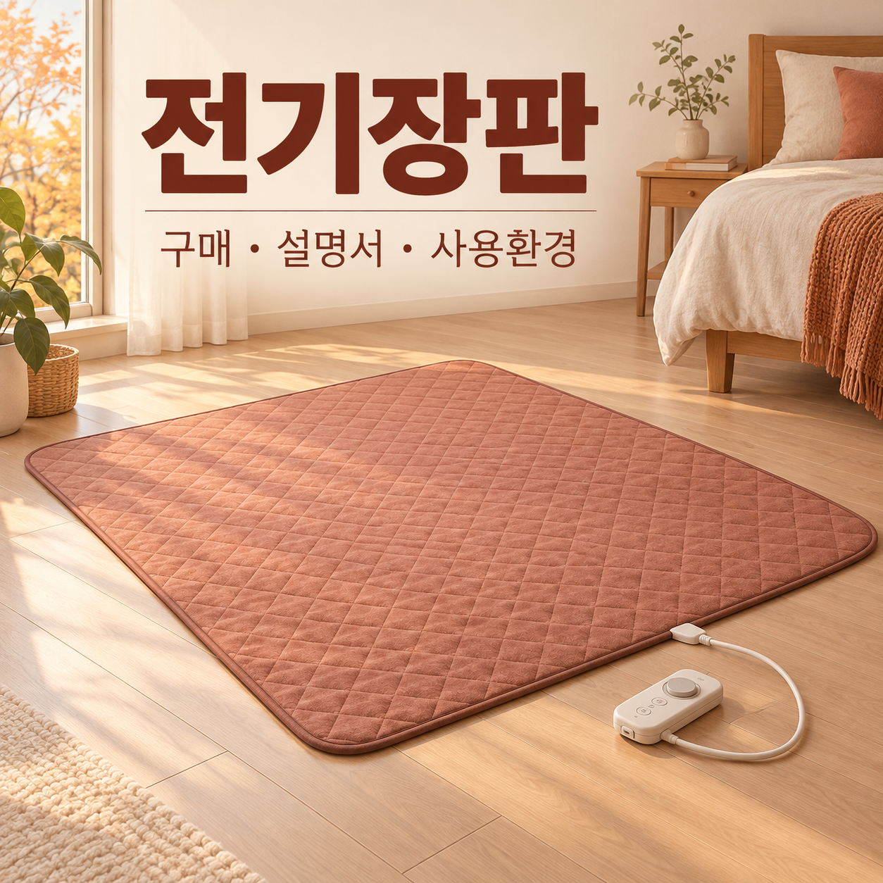 평평하게 펼친 전기장판과 온도조절기로 표현한 구매 설명서 사용환경 체크 일러스트