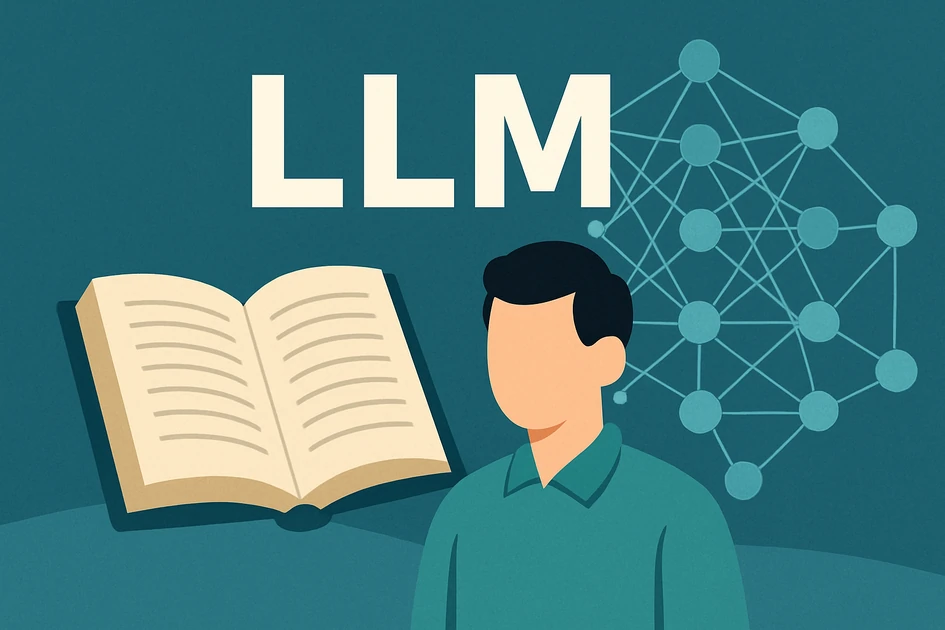 LLM 개념을 상징하는 오픈북, 신경망 구조, 사람 실루엣이 포함된 AI 개념 일러스트