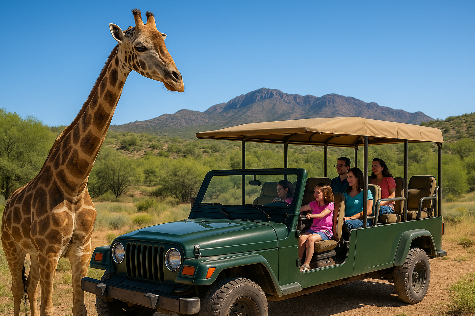기린과 사파리 차량이 함께 있는 아리조나 야생체험 공원