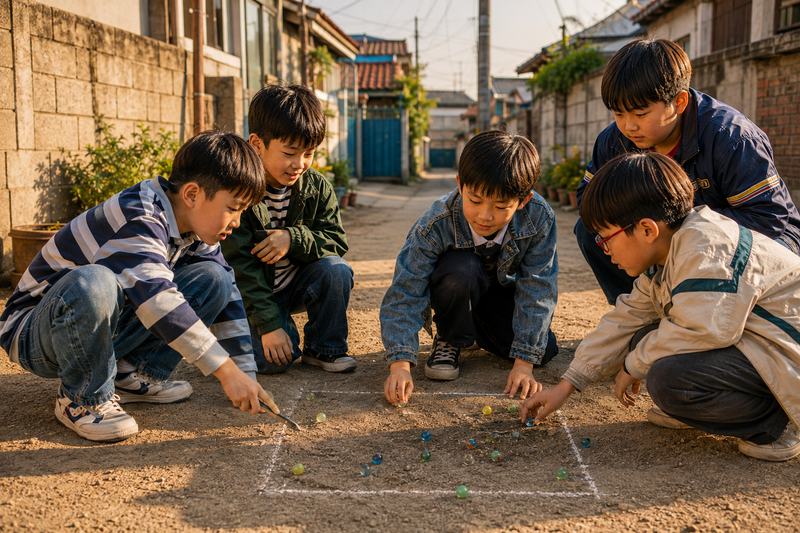 네 명의 아이가 흙바닥에 그린 네모 주변에 앉아 여러 개의 유리구슬로 구슬치기를 하는 모습