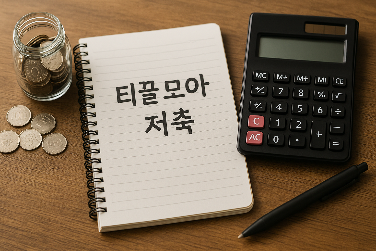 작은 돈을 모으며 재테크를 시작하는 초보자의 일상: 저금통, 계산기, 노트가 함께 놓인 책상 위 풍경