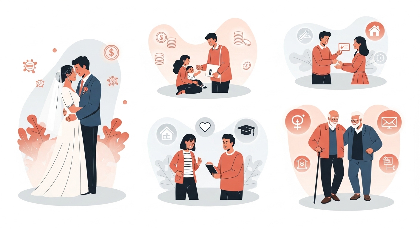 2026년 새해를 맞아 결혼, 육아, 취업, 노후 등 다양한 삶의 단계에서 정부의 지원을 받는 사람들의 행복하고 희망찬 모습