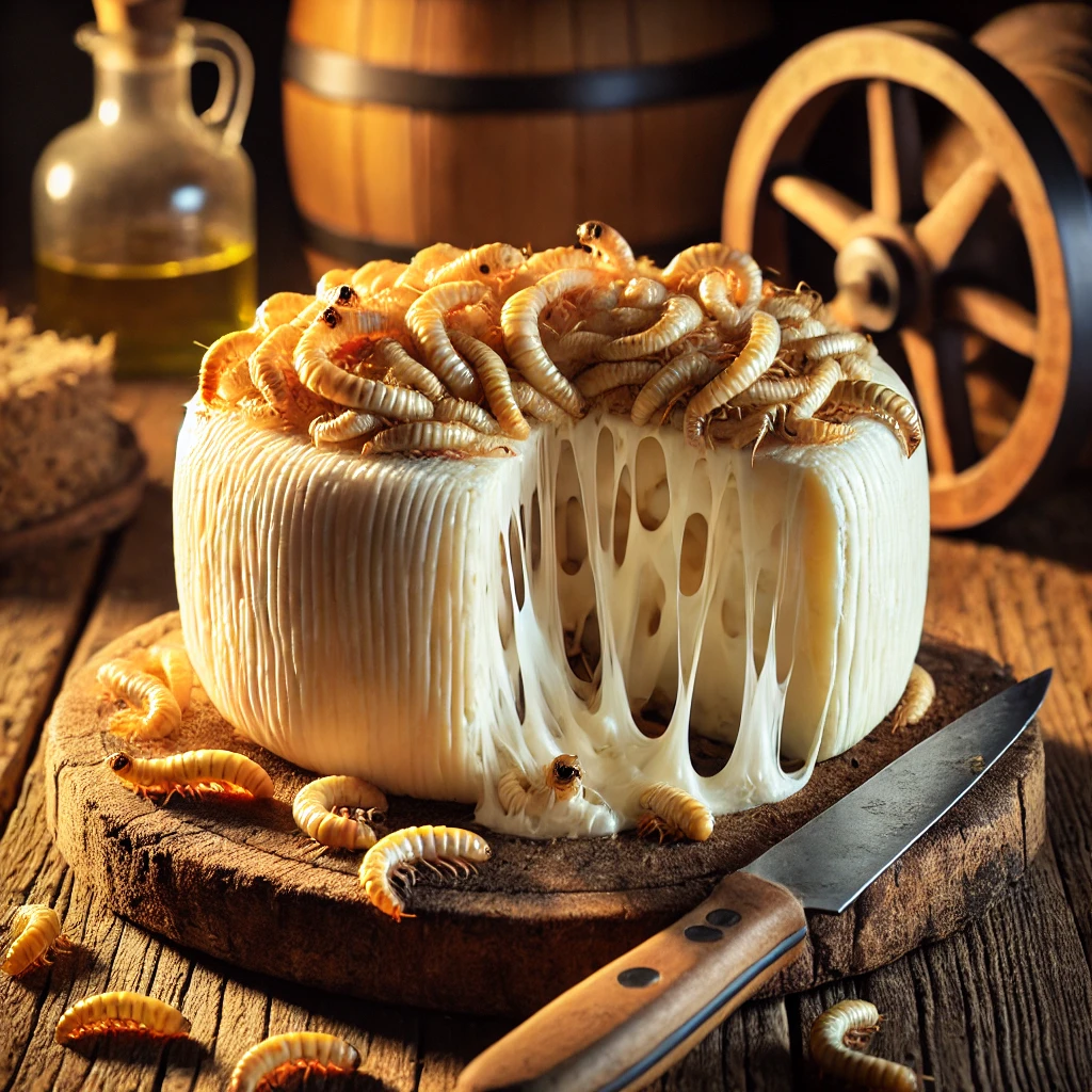 페코리노 치즈가 부드럽게 발효되며 중심이 무르고, 안에 살아 있는 구더기가 보이는 모습입니다.