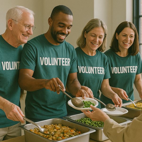 네 명의 봉사자들이 식사를 배식하며 환하게 웃는 장면