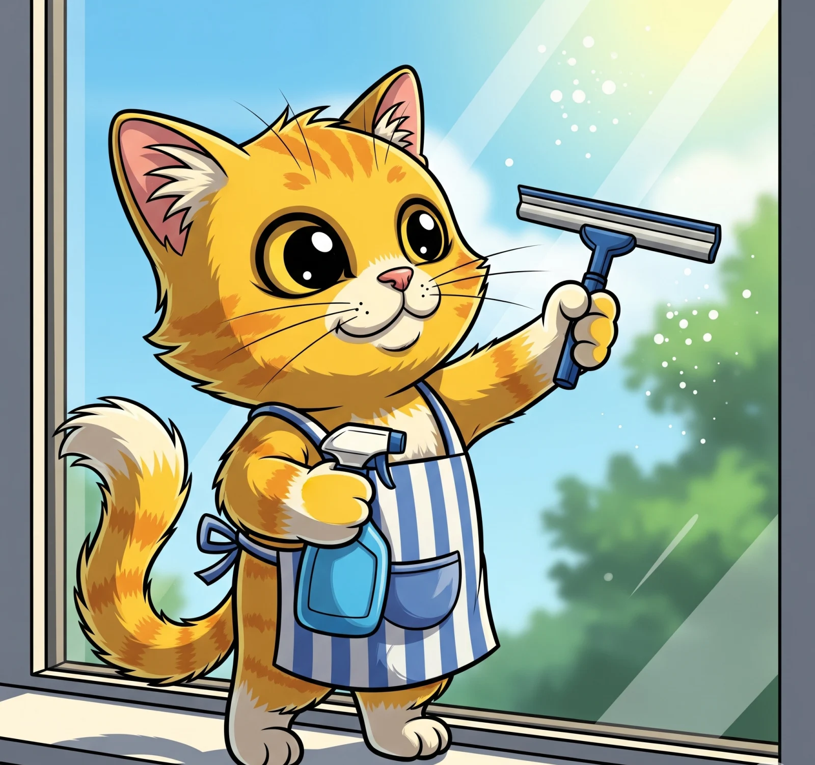 유리창을 닦는 고양이 그림, Picture of a cat cleaning a window
