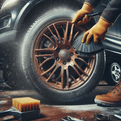 휠에 고압세척기를 사용하는 차량 정비 장면