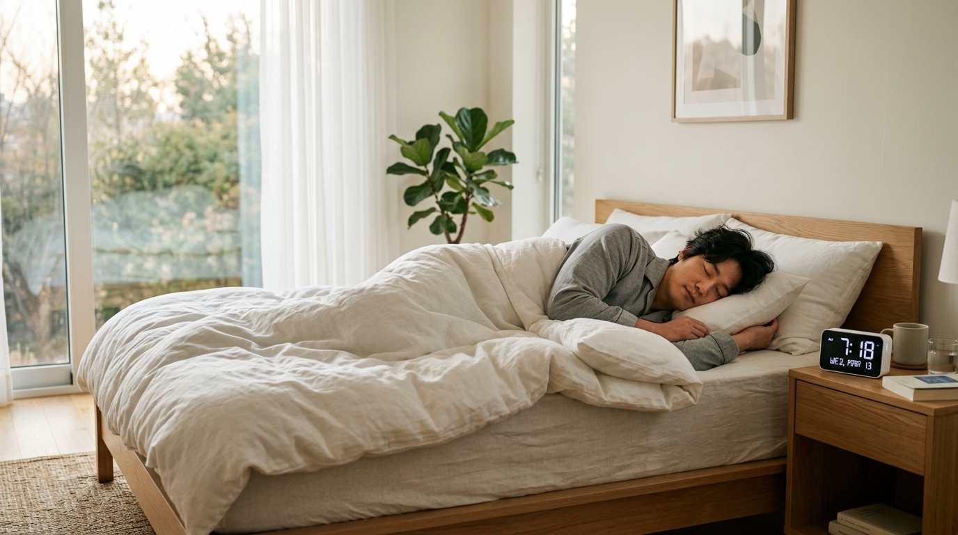 7시간 18분의 적정 수면을 취하고 깨어난 한국인 남성