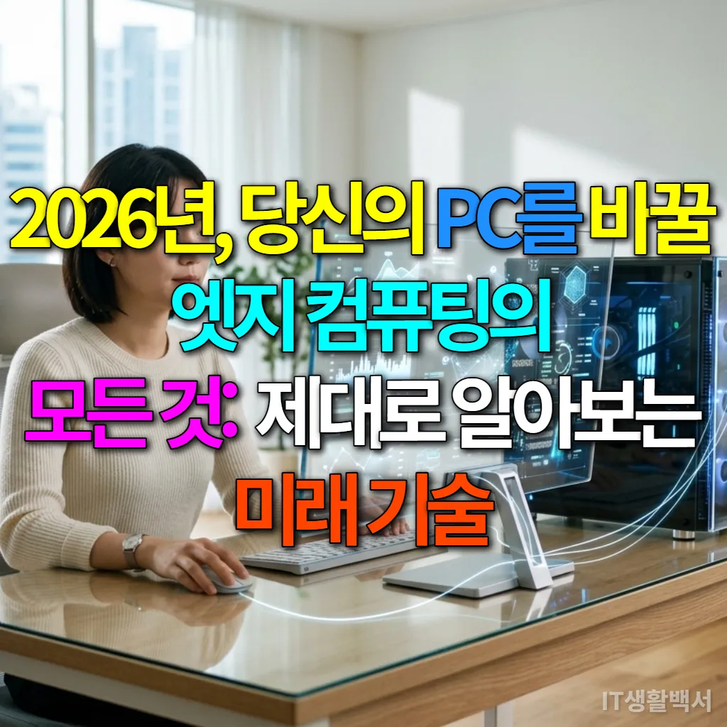 미래형 한국 가정에서 투명 PC를 사용하는 사람의 모습, 엣지 컴퓨팅을 상징하는 연결선들이 보인다.