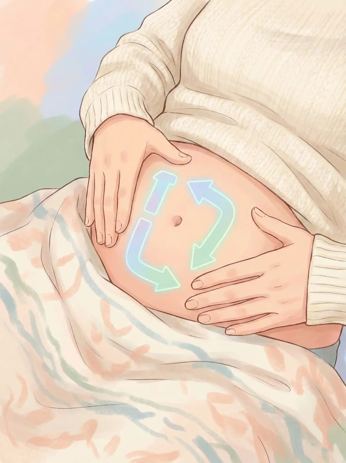 복부에 손을 얹고 시계 방향으로 부드럽게 마사지하는 그림이나 사진