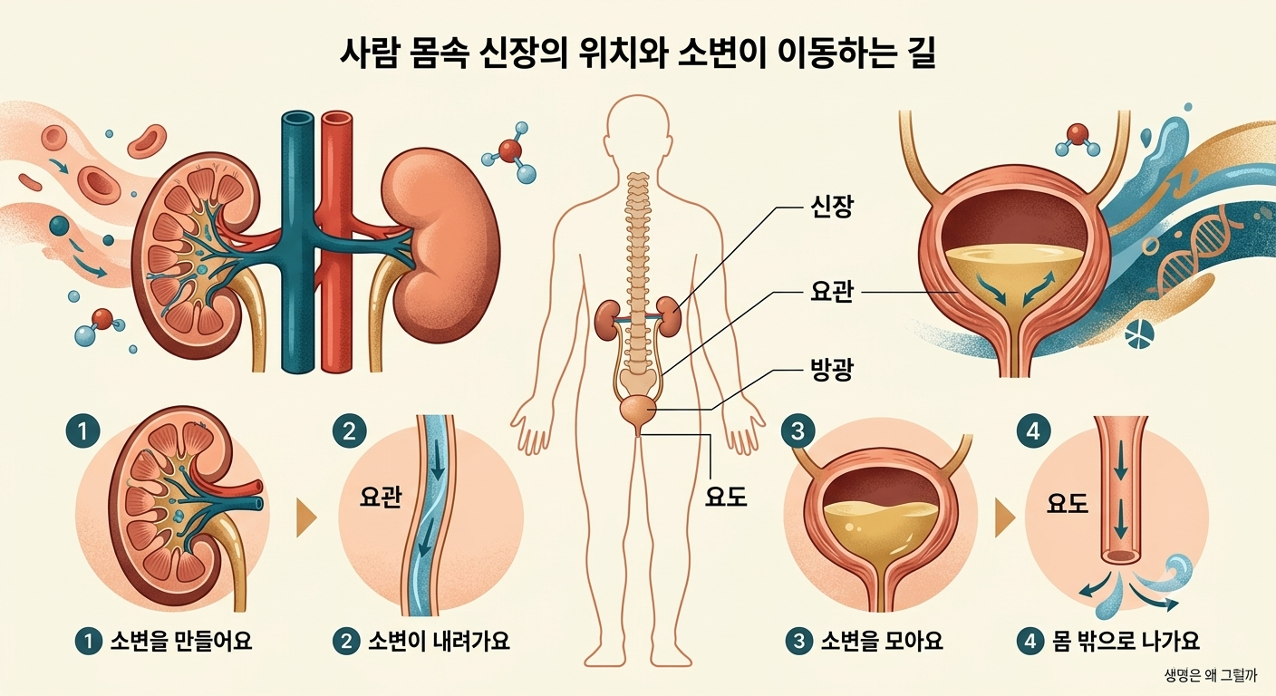 사람 몸에서 신장이 위치한 곳과 신장 &rarr; 요관 &rarr; 방광 &rarr; 요도로 소변이 이동하는 전체 경로