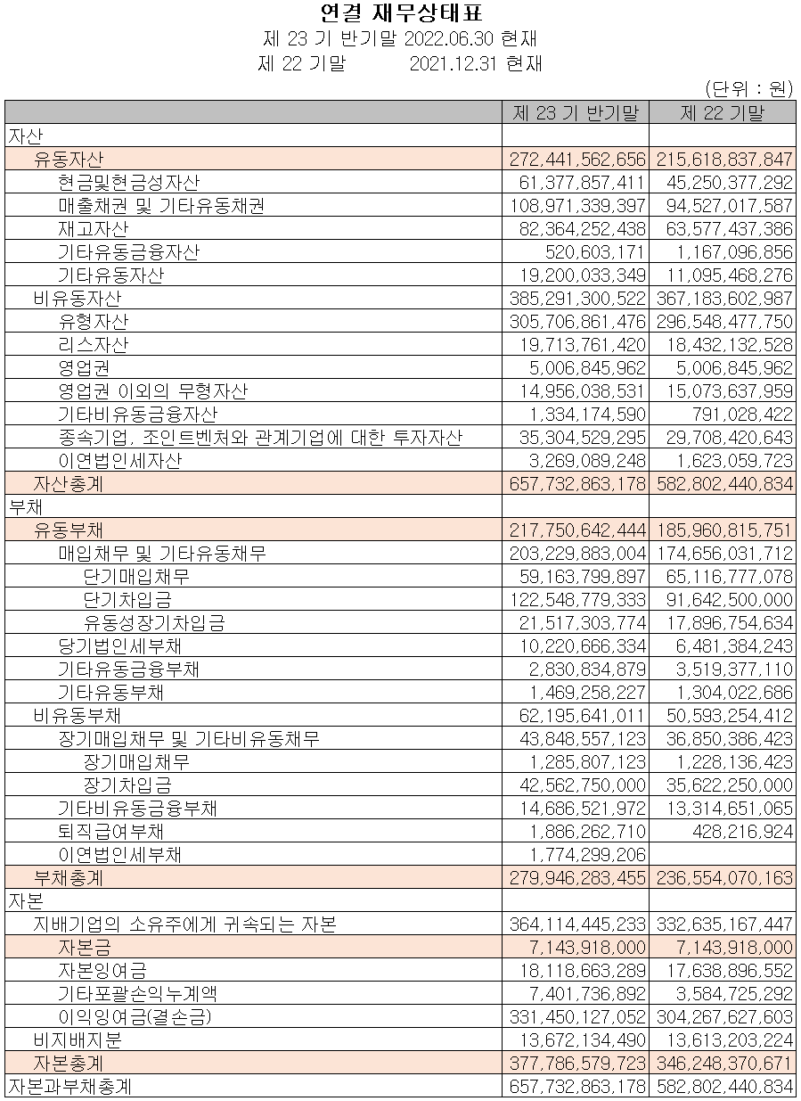 이엔에프테크놀로지 - 재무상태표