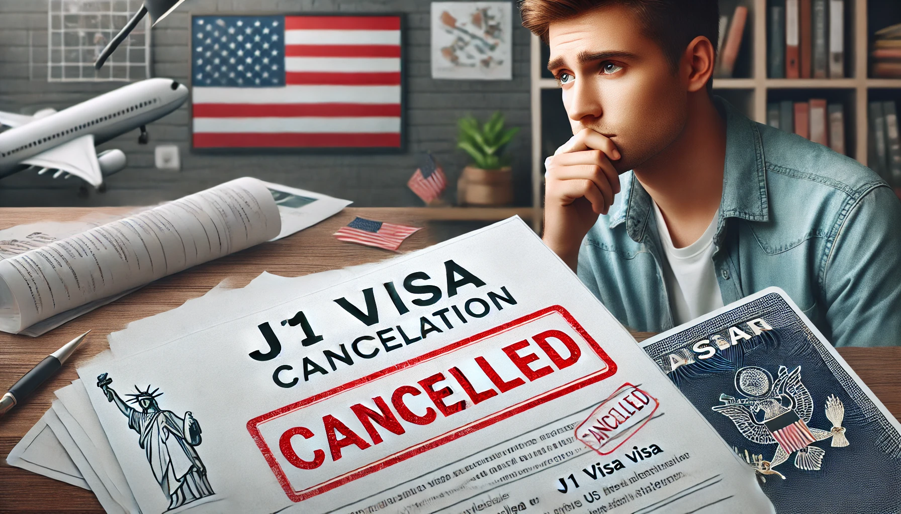 J1 비자와 미국 취업 이민 및 영주권 절차를 상징하는 이미지