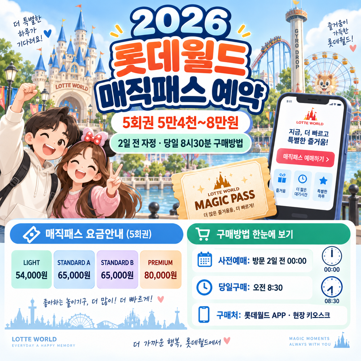 2026 롯데월드 매직패스 예약 ❘ 5회권 5만4천~8만원, 2일 전 자정·당일 8시30분 구매방법