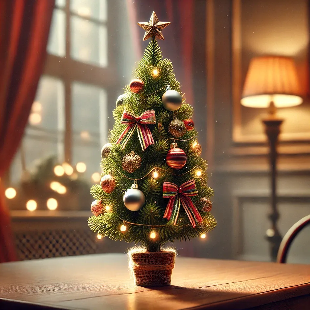 작고 귀여운 크리스마스 트리&amp;#44; 책상이나 테이블 위에 놓을 수 있는 크기로&amp;#44; 작은 장식과 조명이 어우러진 사랑스러운 디자인