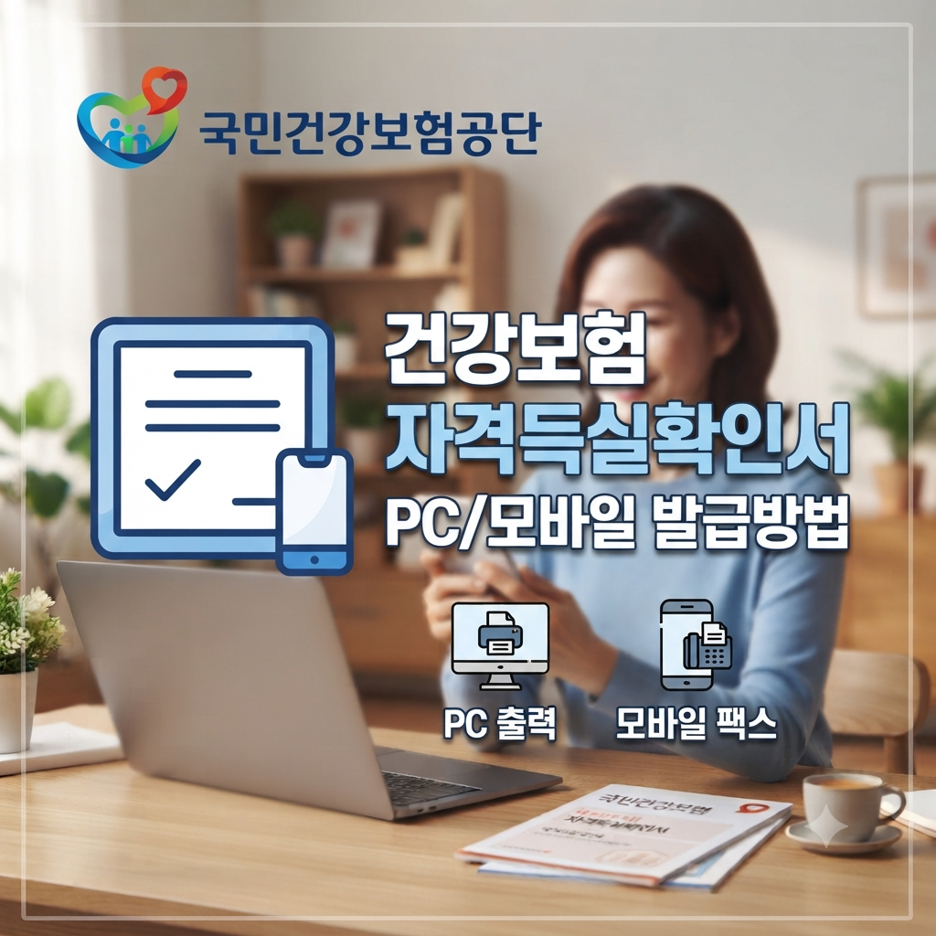 국민건강보험공단 로고와 함께 PC와 스마트폰으로 건강보험 자격득실확인서를 발급받는 방법을 안내하는 이미지