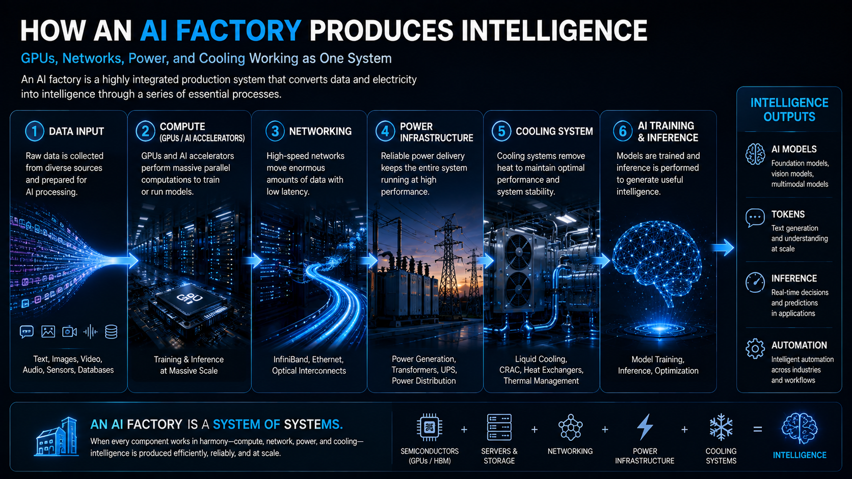 How an AI Factory produces intelligence using GPUs networking power cooling training and inference