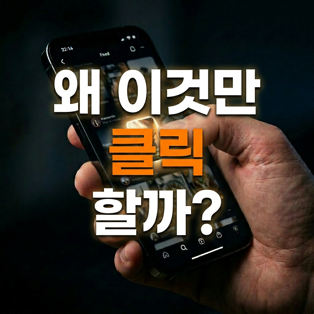 스마트폰 화면에서 여러 콘텐츠 중 특정 썸네일을 선택하려는 순간을 보여주며, 사람의 시선이 특정 이미지에 집중되는 클릭 심리를 표현한 썸네일