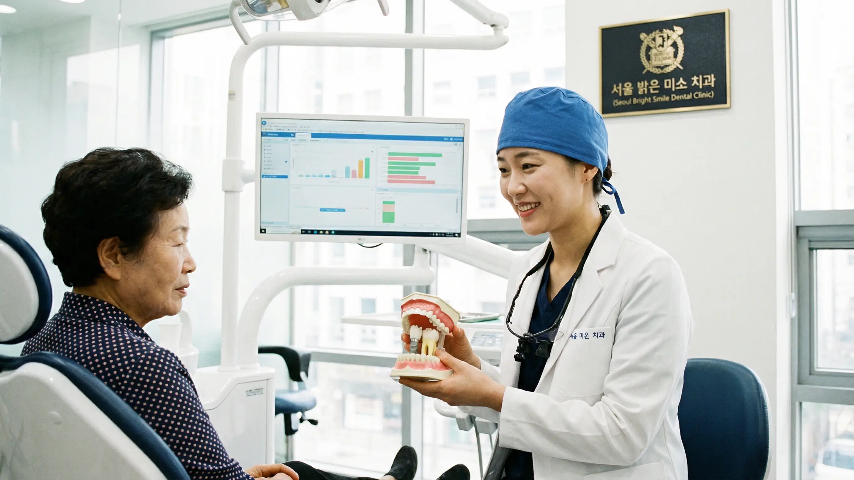 예쁜 한국인 여성 치과 의사가 어르신 환자에게 임플란트 모형을 보여주며 친절하게 상담하는 모습, 전문적이고 신뢰감 있는 분위기