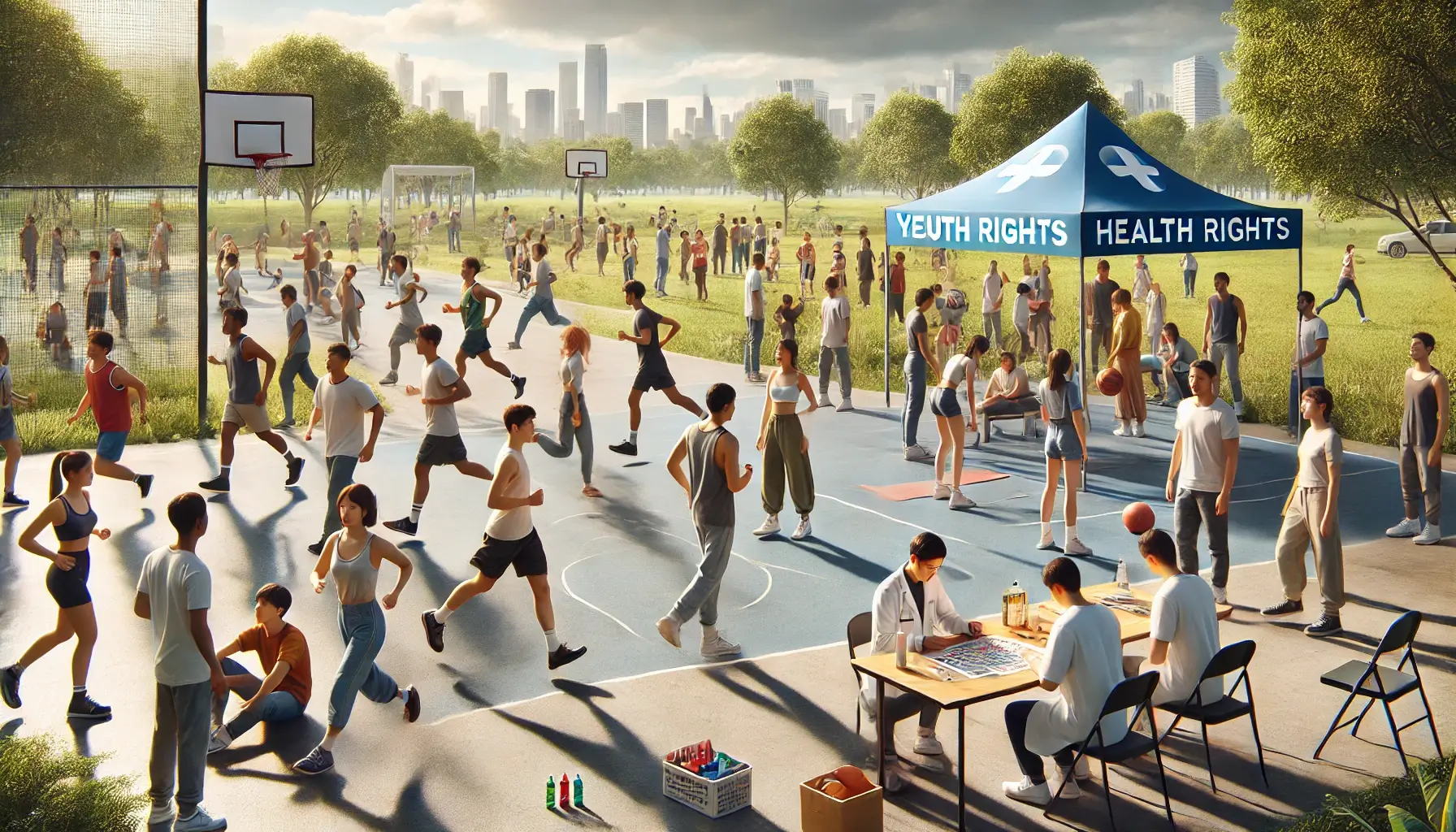 공원에서 다양한 건강활동을 펼치는 청소년들의 건강권을 초현실적으로 표현한 이미지입니다.