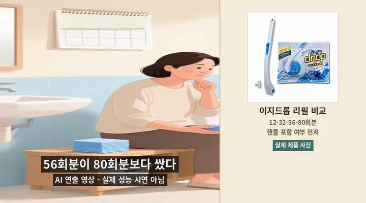 이지드롭 리필 구성별 회당 비용을 비교하는 AI 연출 반복 영상과 실제 제품 사진