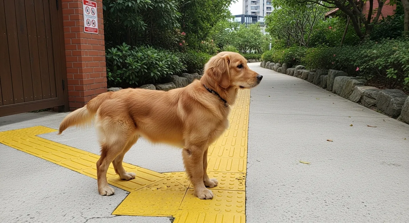 점자블록위에 서 있는 리트리버