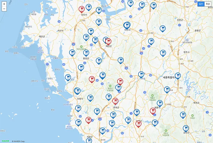 대전 충남지역 오일장 지도 보기