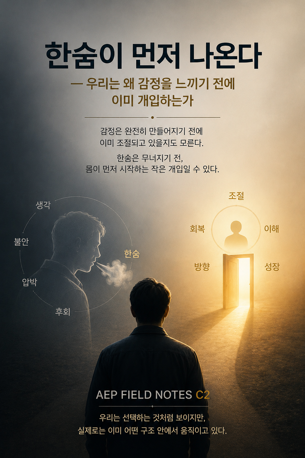 A solitary figure exhales a quiet sigh while standing between emotional pressure and an illuminated path forward.
The image represents the AEP Field Notes C2 concept that emotional regulation may begin before emotions are fully formed.