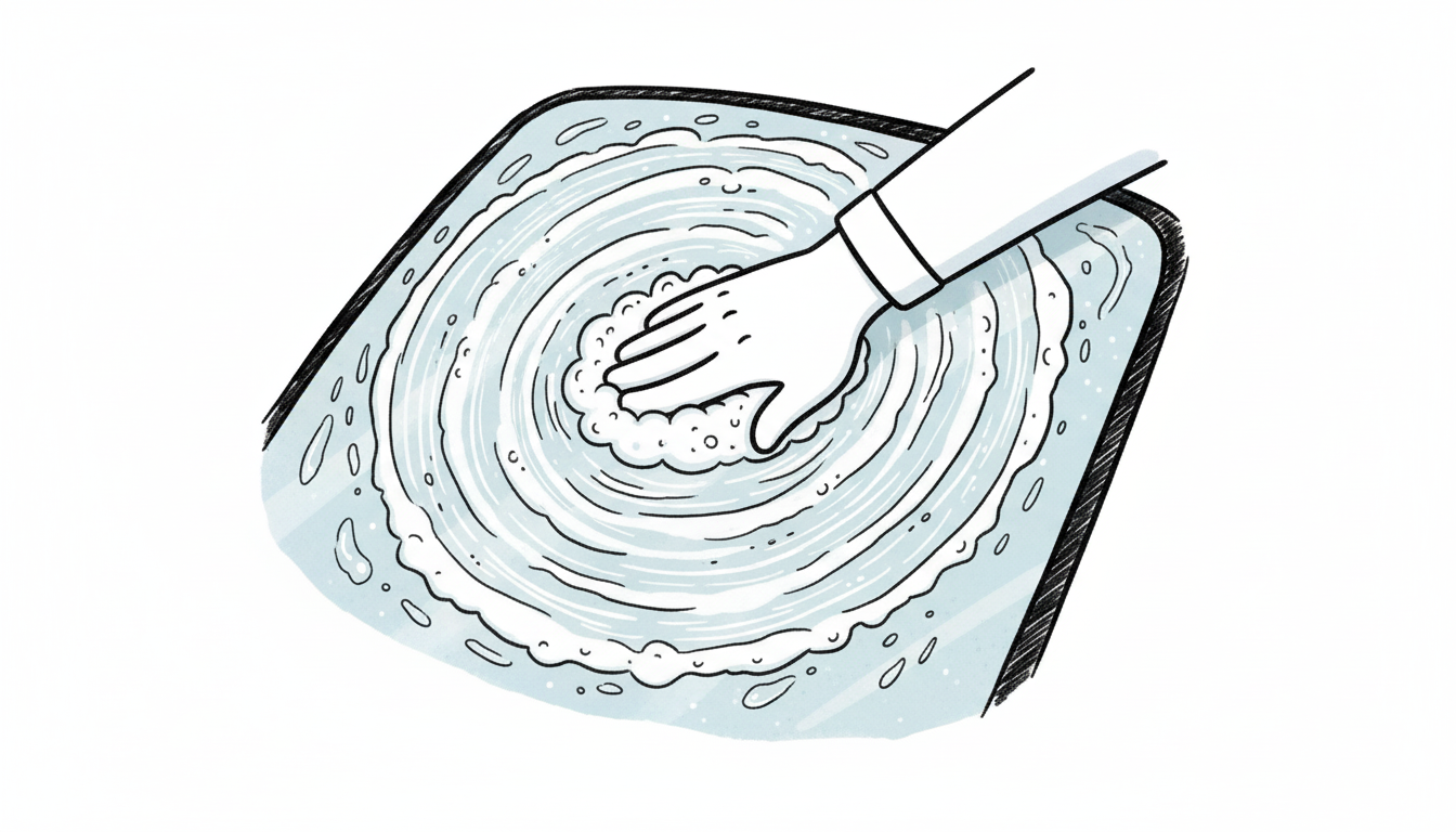 유리 유막 제거 패드로 원을 그리며 약재를 문지르기