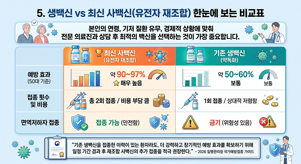 생백신 vs 최신 사백신(유전자 재조합) 한눈에 보는 비교표