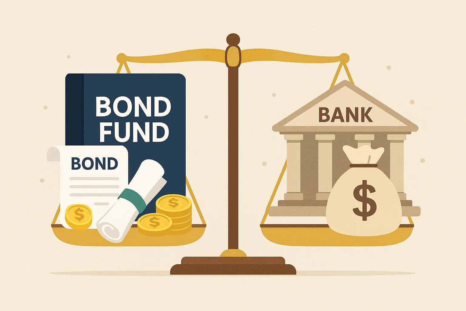 저울-양쪽에-채권형-펀드와-예금이-비교되는-모습-투자-대안을-고민하는-상황을-상징적으로-표현한-장