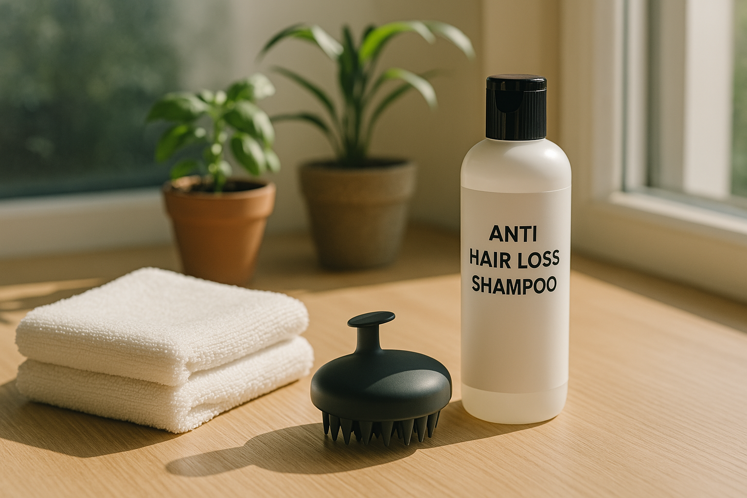 해가 드는 창가 테이블 위에 샴푸 두피 브러시 깨끗한 수건 식물이 놓인 차분한 실내 모습