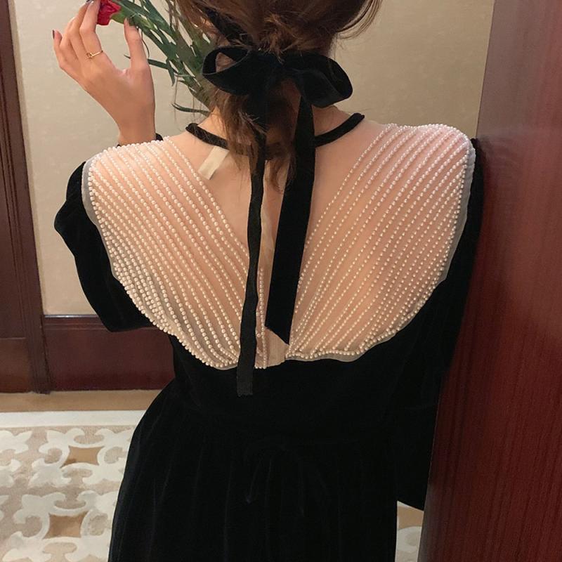 페미닌 레이스 시스루 벨벳 원피스 하객룩 연말모임 파티룩 겨울 파티룩 여자 블랙원피스