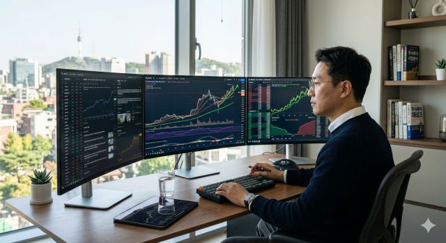 주식 상승 신호를 확인하기 위해 차트와 거래량 데이터를 분석하는 투자자