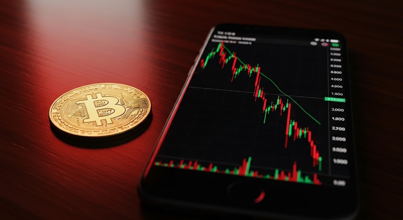비트코인 가격 하락 차트를 보여주는 스마트폰 화면과 비트코인 코인이 함께 놓인 모습