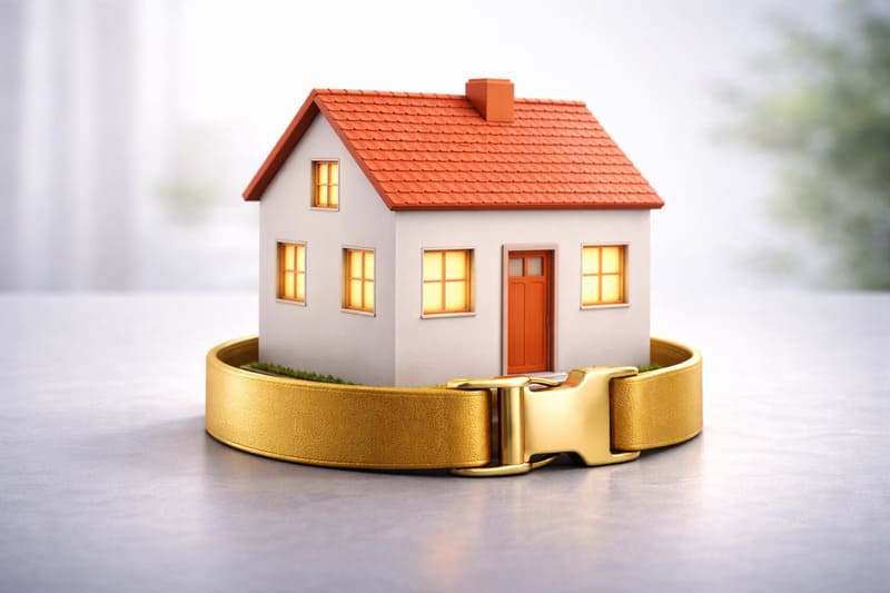 집 모형의 하단부를 견고한 황금색 안전벨트가 든든하게 받치고 있는 모습으로, 주택연금이 노후 자산을 안전하게 보호하고 있음을 상징하는 이미지