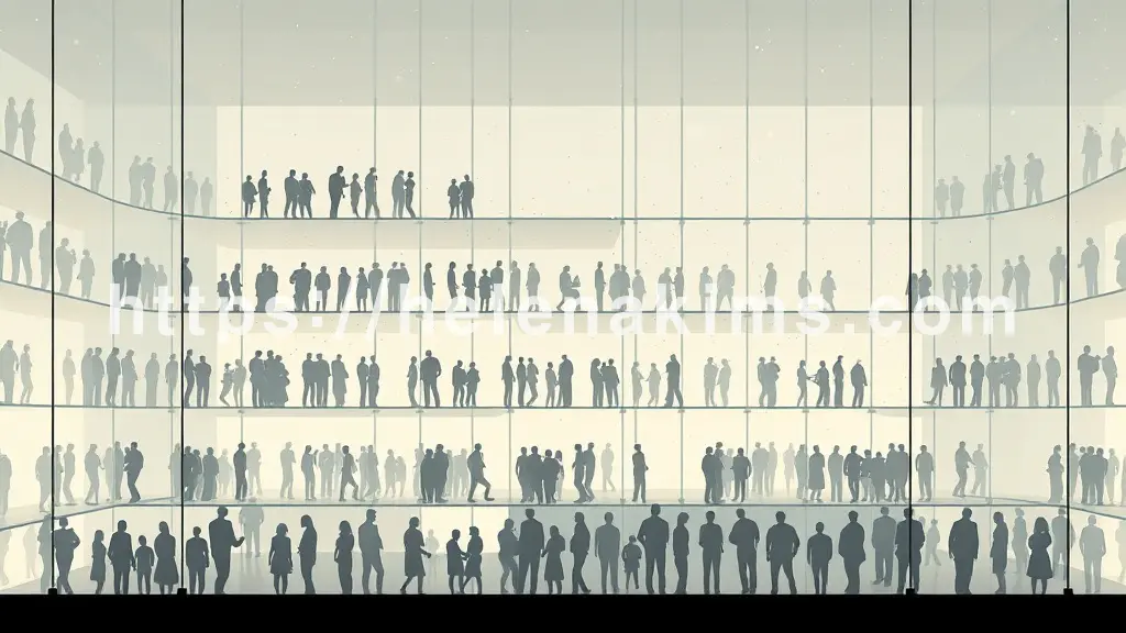 여러 층에 사람 실루엣들이 섬세하게 밀집해 있다. 이들 사이로 투명하거나 미세하게 빛나는 입자들이 공기를 타고 자연스럽게 이동하며 퍼져나가는 모습.