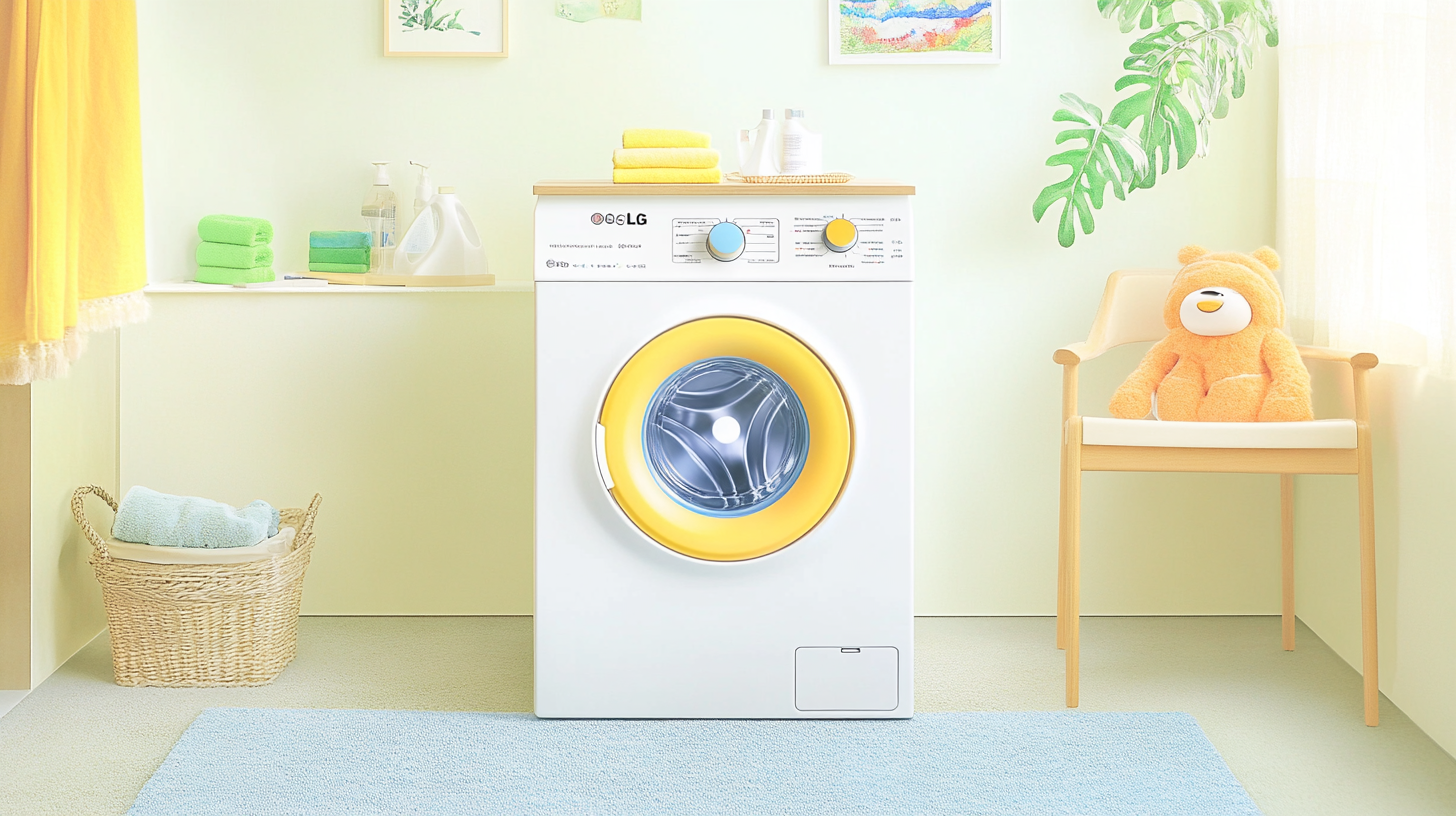 다양한 색상 옵션으로 인테리어를 완성하는 미니멀한 세탁실의 중심에 자리잡은 LG 오브제 세탁기