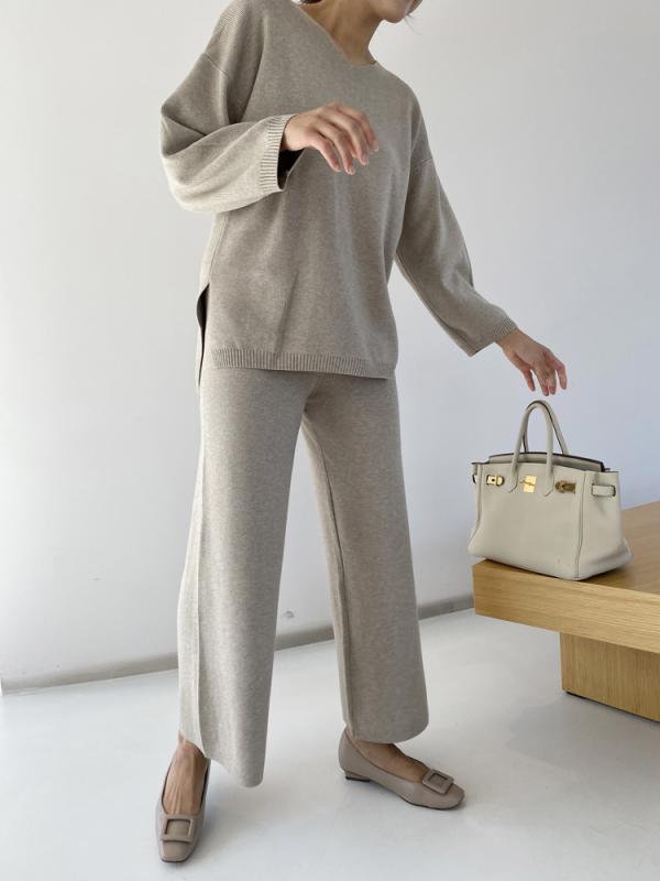 여성 니트 투피스 부드러운 브이넥 루즈핏 니트 투피스 바지 세트 셋업 가을