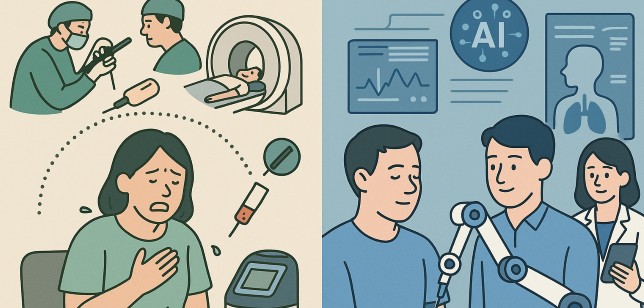 힘들어 하는 환자와 편하게 검사받는 환자의 모습