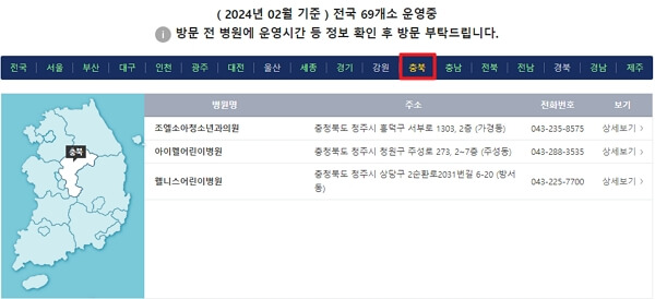 충북, 충남 달빛어린이병원 주소 및 전화번호