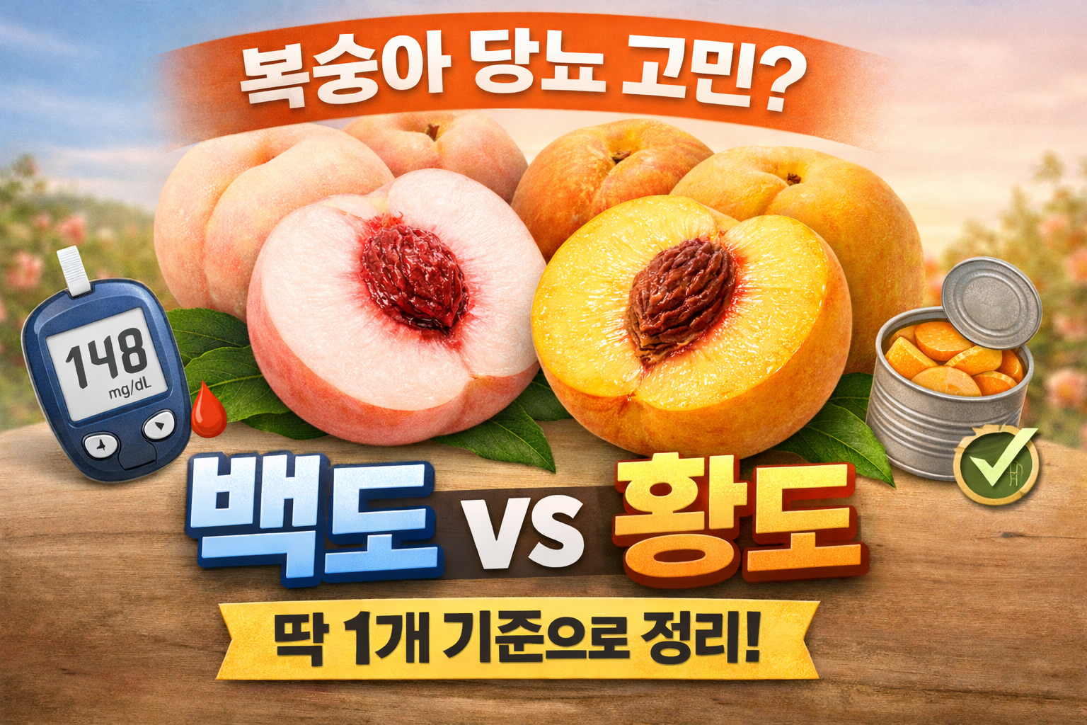 백도와 황도를 비교하며 복숭아 당뇨 기준을 설명하는 썸네일 이미지, 혈당계와 통조림 황도 요소가 함께 배치된 구성