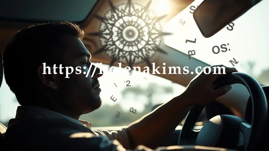 운전대 앞에서 졸고 있는 남성, 그의 머리 위에는 흐릿한 사고와 두통을 상징하는 추상적 패턴들과 눈 밑에는 짙은 다크서클이 강조된다. 주변에는 집중력 저하를 암시하는 어지러운 글자나 도형들이 흩뿌려져 있는 그래픽 이미지.