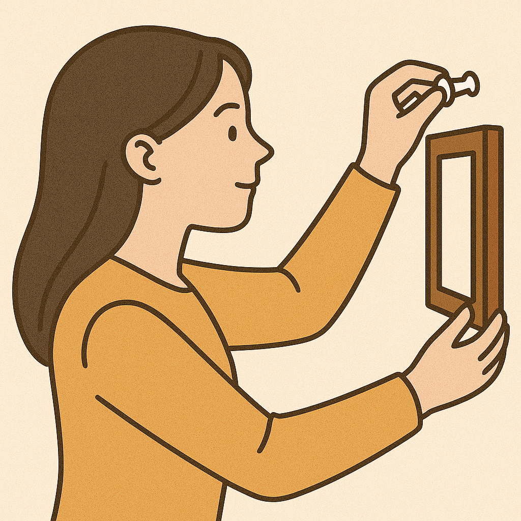 꼭꼬핀으로 벽에 액자를 고정하는 여성 일러스트 사진