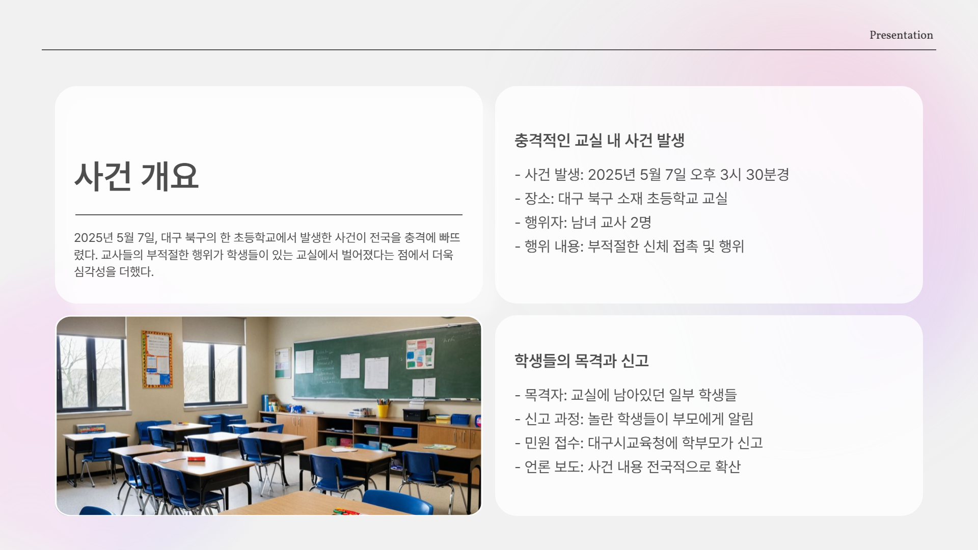 사건 개요: 초등학교 교실에서 무슨 일이 있었나?